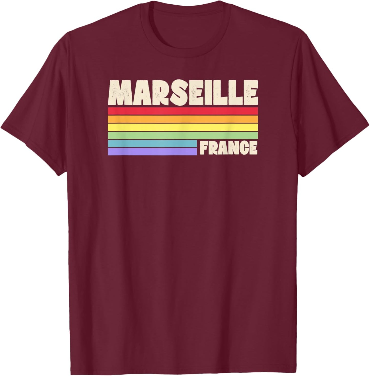 Marseille France Rainbow Gay Pride Merch Retro 70s 80s Queer T-Shirt - T-Shirt | Maroon