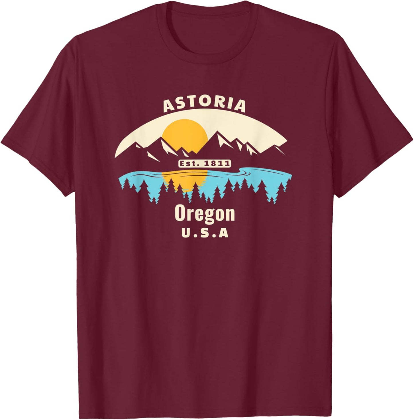 Astoria Oregon Souvenir Mountain Sunset River T-Shirt - T-Shirt | Maroon