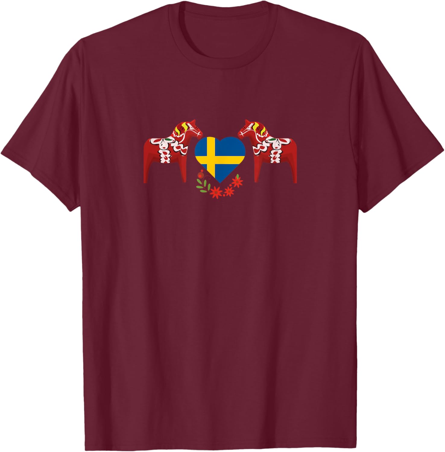 Sweden Flag Heart Swedish dala Horses T-Shirt - T-Shirt | Maroon