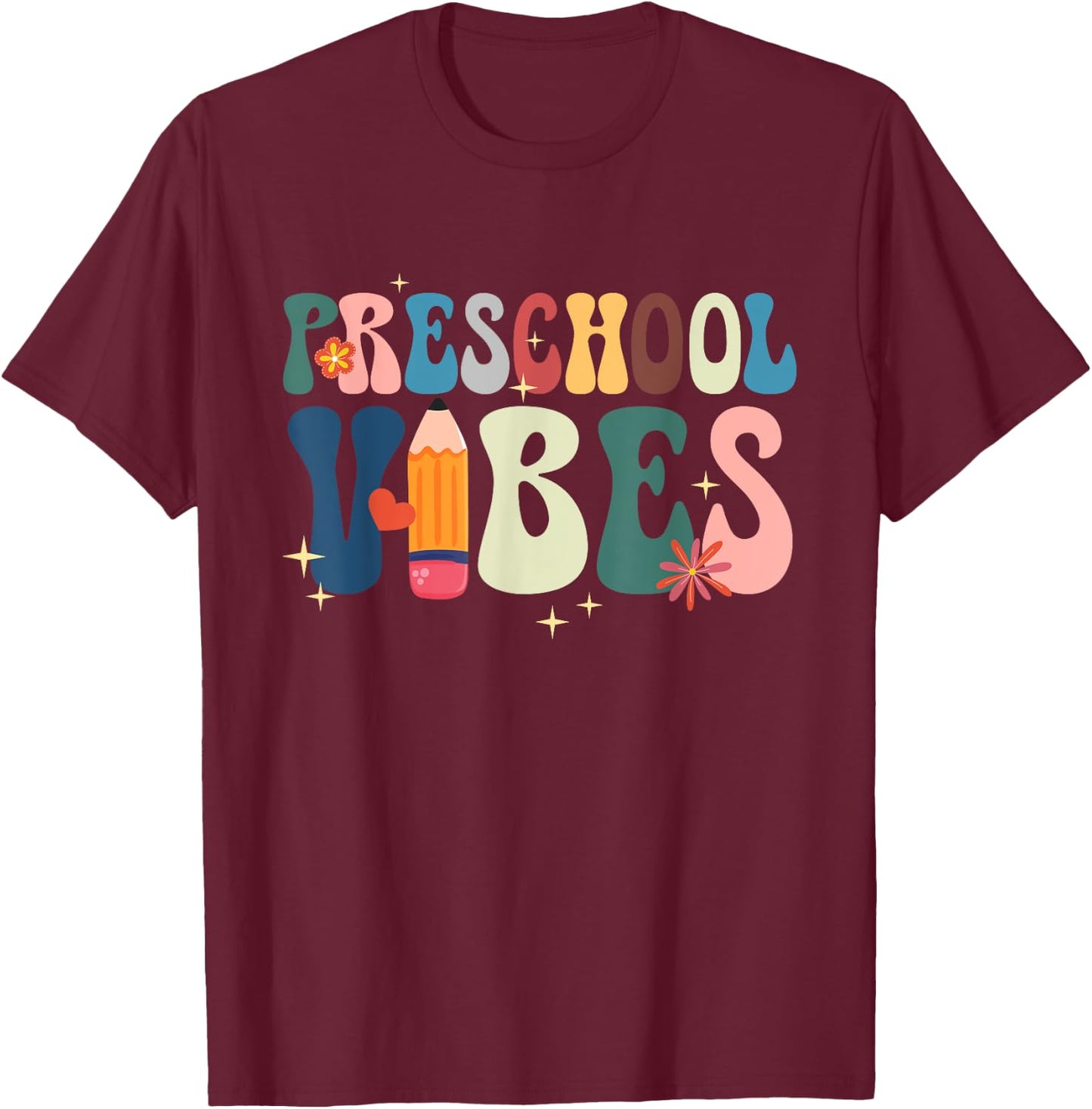 Hello Preschool Teacher Student Retro Groovy Preschool Vibes T-Shirt - T-Shirt | Maroon