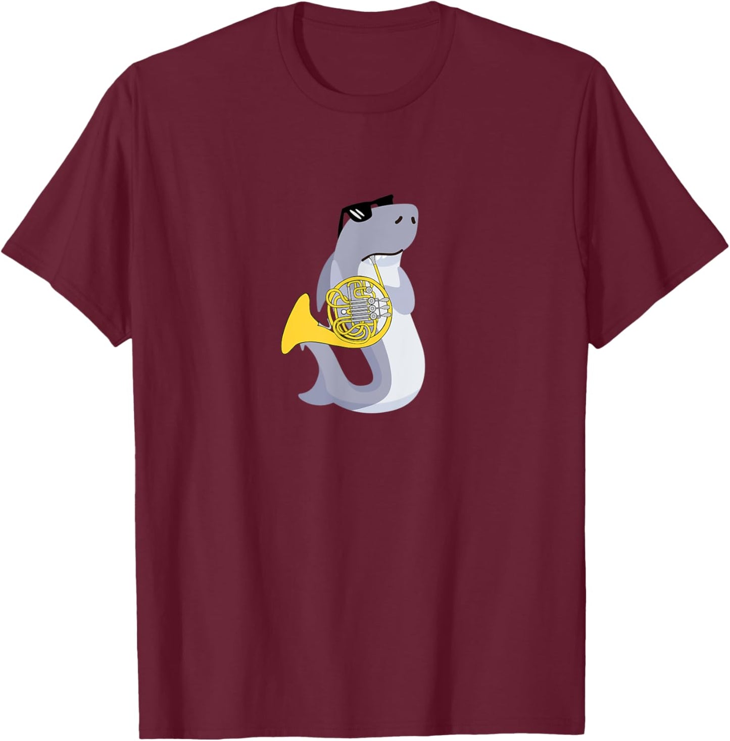 Funny Shark Wearing Sunglasses Playing French Horn T-Shirt - T-Shirt | Maroon