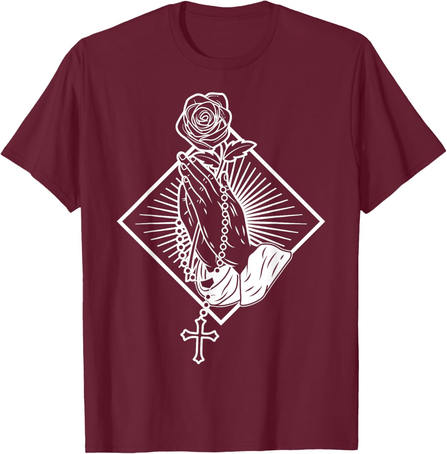 Praying hands with rose and rosary T-Shirt - T-Shirt | Maroon