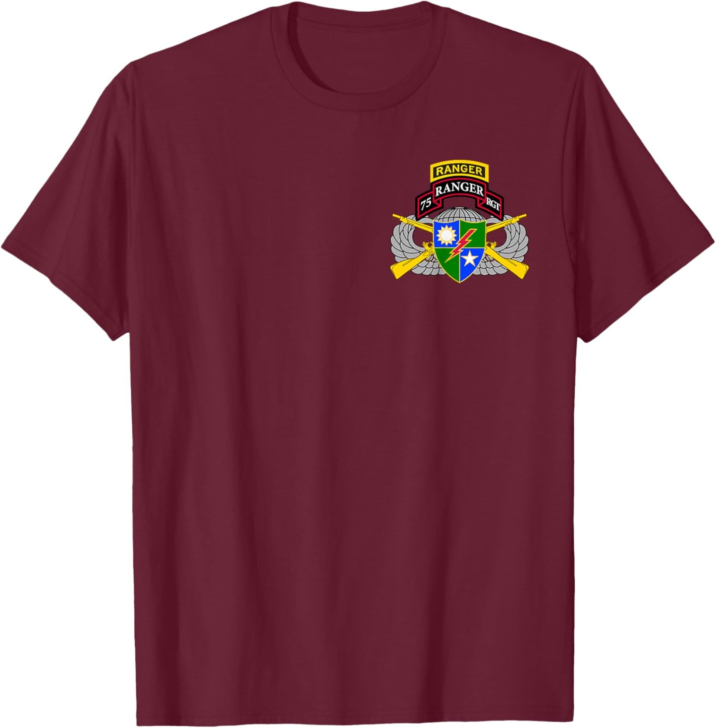 US Army Ranger - 75th Scroll, Tab, Airborne Wings, Rifles T-Shirt - T-Shirt | Maroon