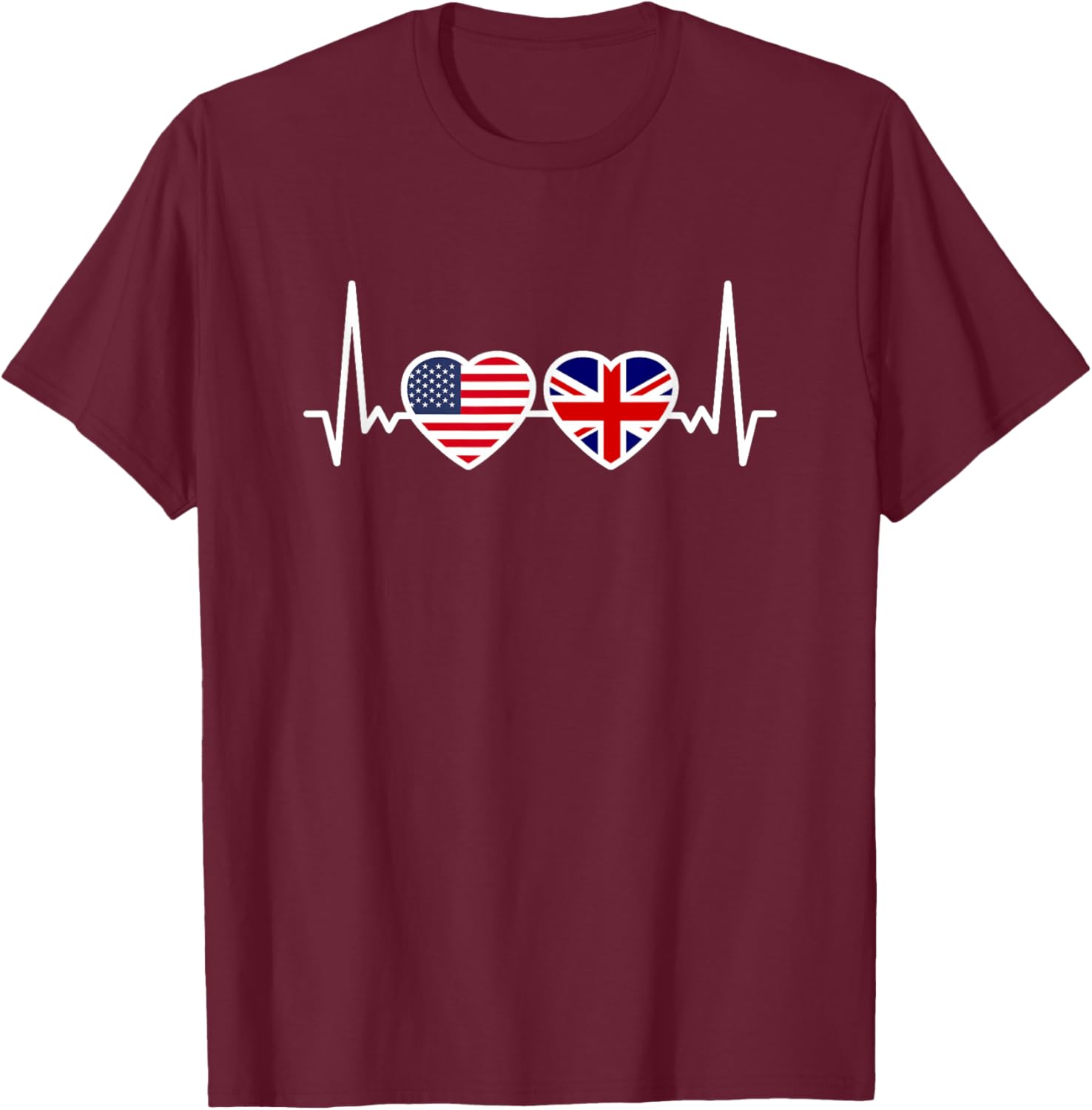 Great Britain USA Heartbeat Flag British Roots American T-Shirt - T-Shirt | Maroon