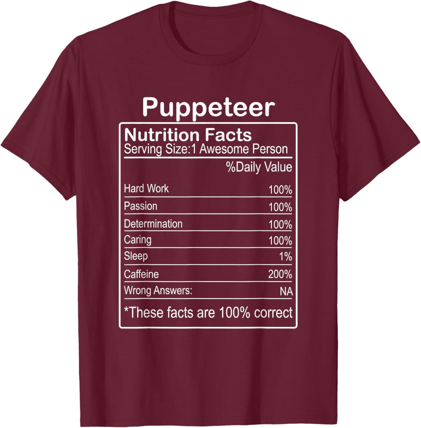 Puppeteer Nutrition Facts Funny Sarcastic T-Shirt - T-Shirt | Maroon