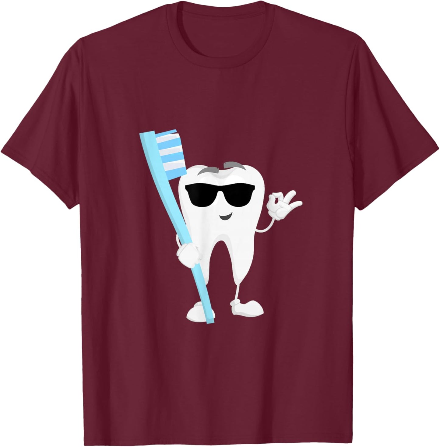 Cartoon Tooth with Sunglasses and Toothbrush Dentist Dental T-Shirt - T-Shirt | Maroon
