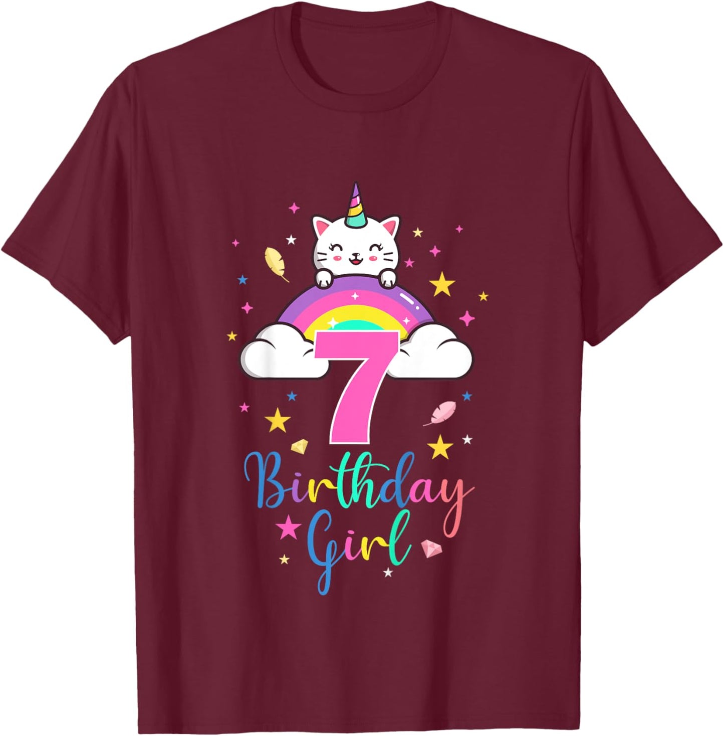 7th Birthday Girl Seven Years Old Birthday Caticorn Rainbow T-Shirt - T-Shirt | Maroon