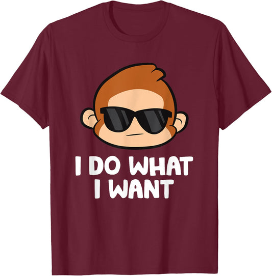 Cute Monkey And Ape And Gifts - Monkey Lover - I Do What I Want Funny Monkey - -Adults, Kids - Black - Small - Short Sleeve - Classic Fit - Cotton, Cotton Blend T-Shirt - T-Shirt | Maroon