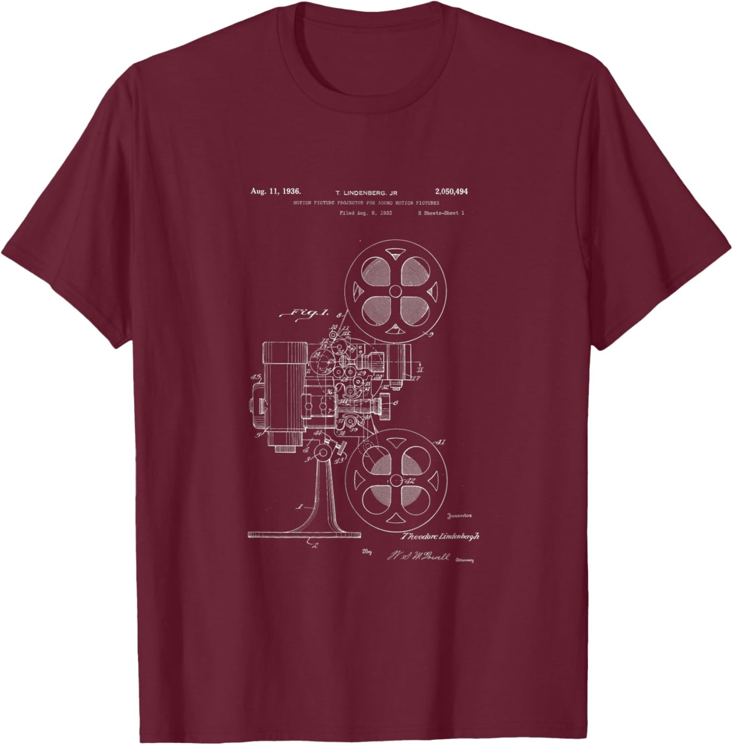 Movie Projector Patent - History of Cinema, Film, and Movies T-Shirt - T-Shirt | Maroon