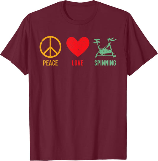 Cute Spin Instructor Peace Love Spinning Cycle Spinner Bike T-Shirt - T-Shirt | Maroon
