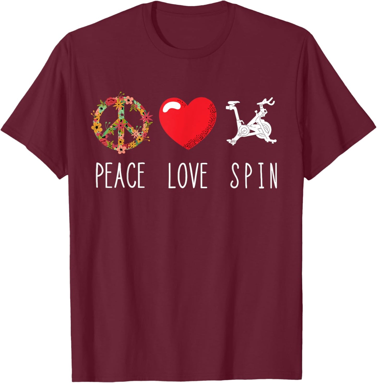 Spinning Bicycle Gym Love Peace Indoor Spinning Fitness T-Shirt - T-Shirt | Maroon