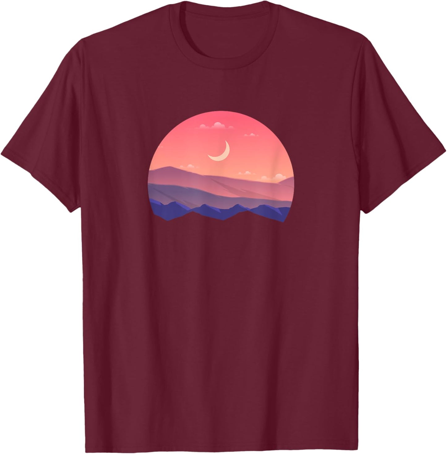 Pink Mountain and Moon Sunset Scene Silhouette T-Shirt - T-Shirt | Maroon