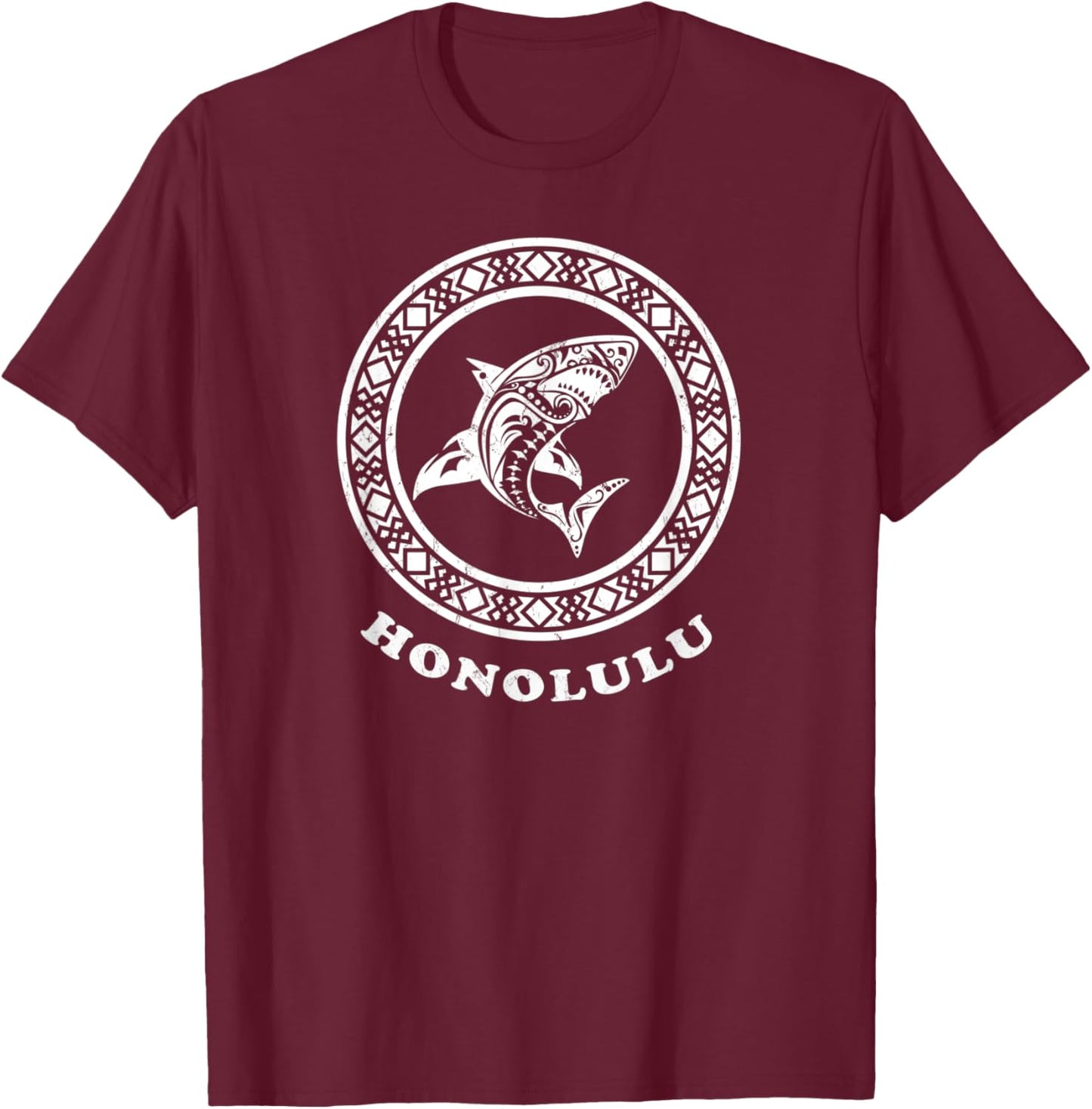 Honolulu Oahu, Hawaii Vintage Tribal Shark Vacation T-Shirt - T-Shirt | Maroon