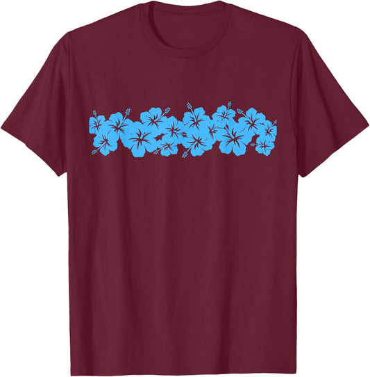 Surfer Style Vintage Blue Floral Hibiscus Flower Row 1970s T-Shirt - T-Shirt | Maroon