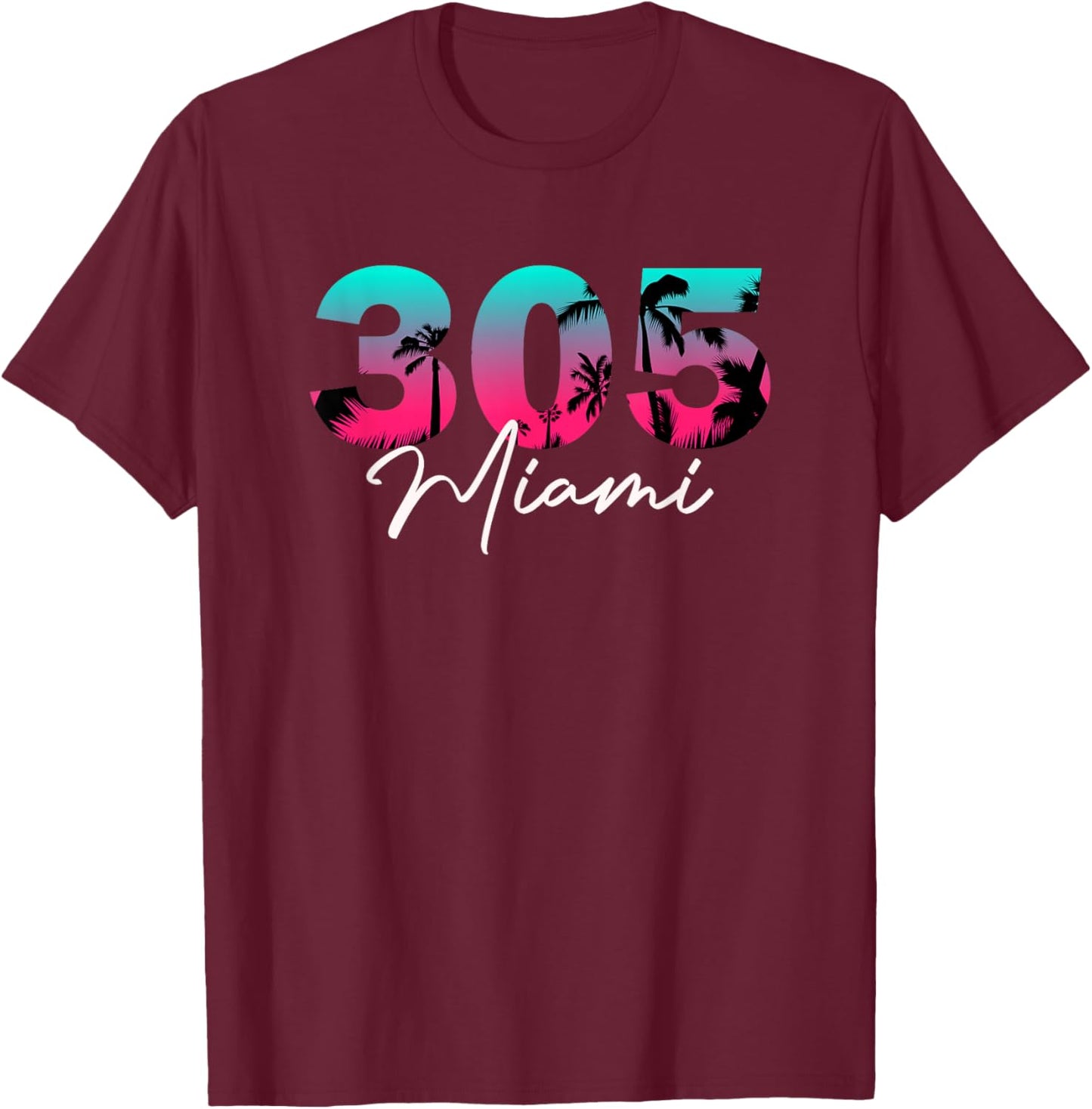 Retro Miami 305 Flamingo Colors T-Shirt - T-Shirt | Maroon