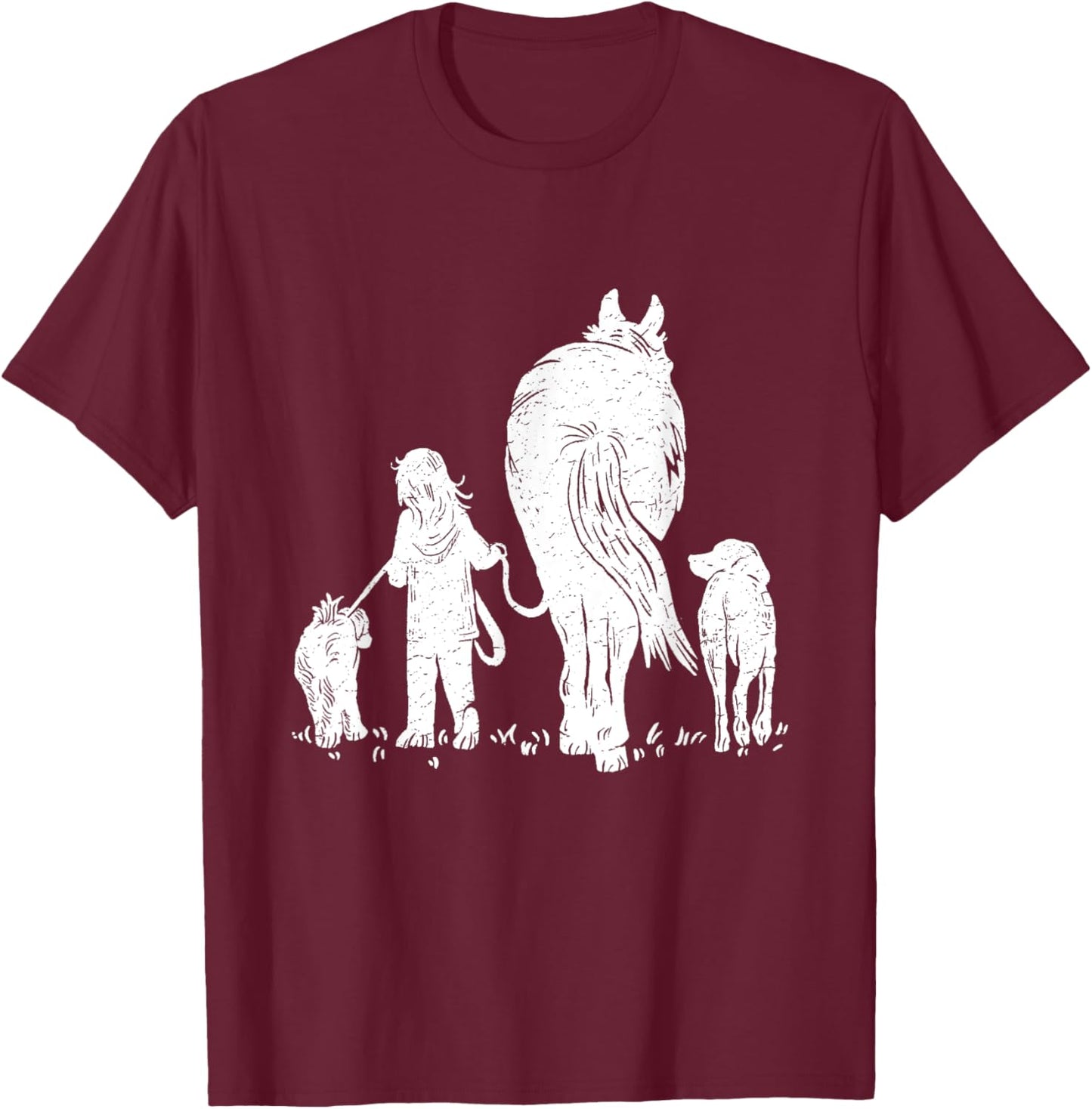 Girl with Horse and Dog T-Shirt - T-Shirt | Maroon