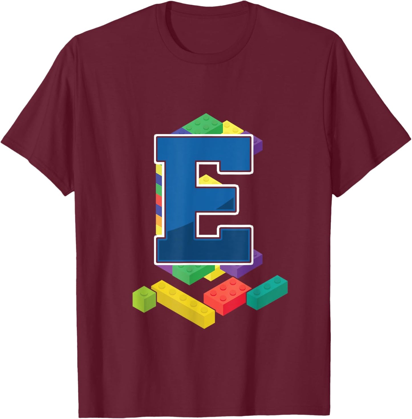 Letter E Master Builder Alphabet Last Name Building Blocks T-Shirt - T-Shirt | Maroon