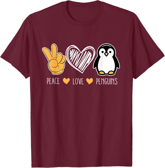 Penguin Cartoon Lovers Animals Outfit Peace Love Penguins T-Shirt - T-Shirt | Maroon