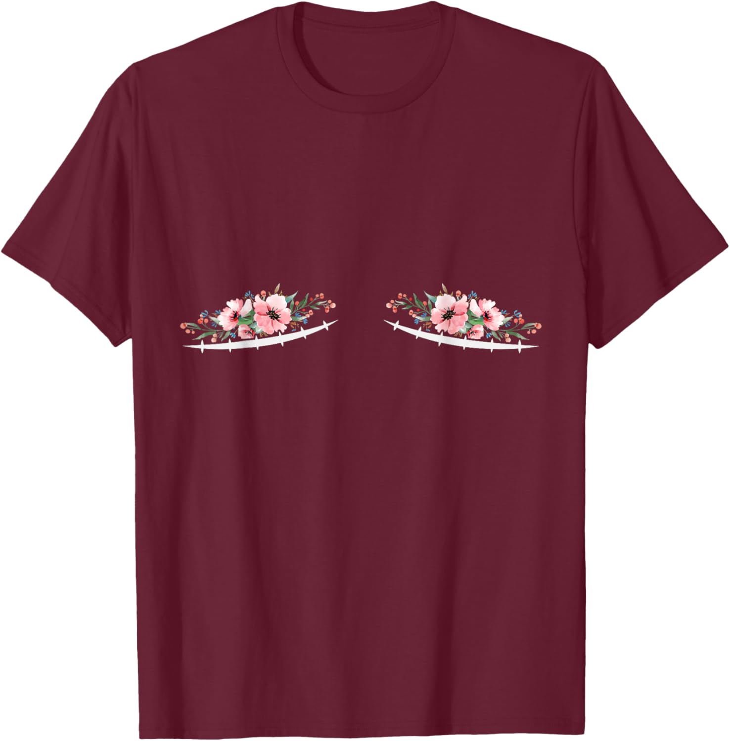 Double Mastectomy Scars with Flowers Breast Cancer T-Shirt - T-Shirt | Maroon