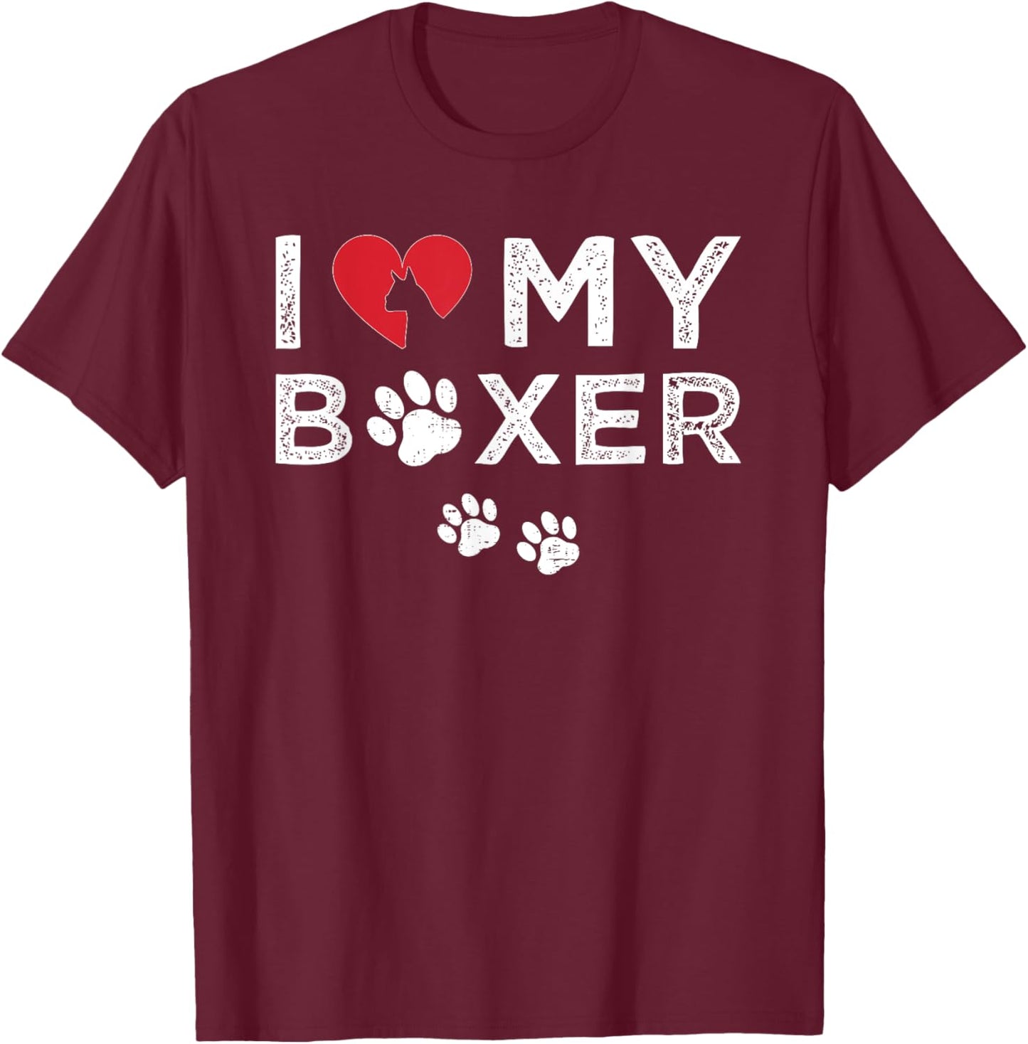 I Love My Boxer Dog with Red Heart and Paw Print T-Shirt - T-Shirt | Maroon