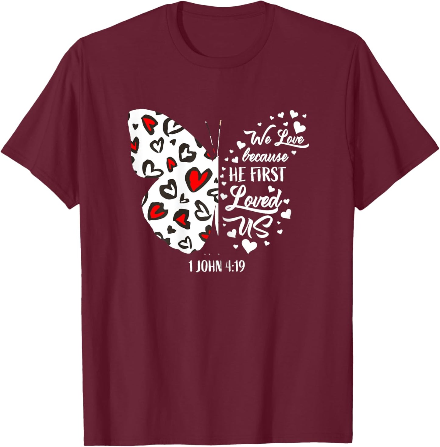 Red Valentine's Day Shirts Women Girls Christian Butterfly T-Shirt - T-Shirt | Maroon