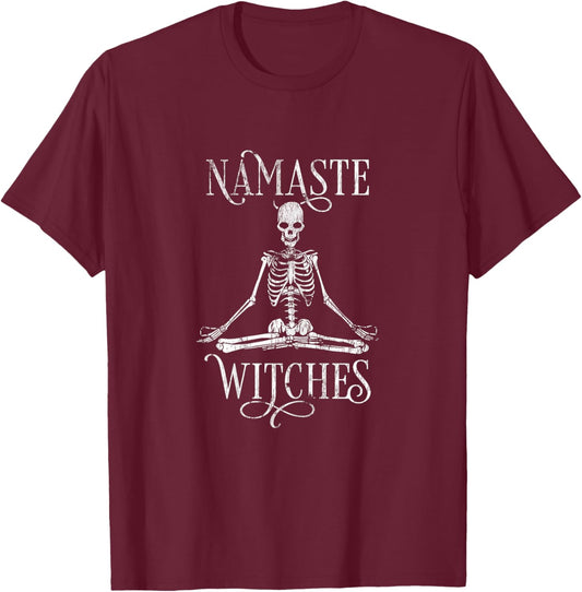 Distressed Halloween Yoga Skeleton Namaste Witches T-Shirt - T-Shirt | Maroon