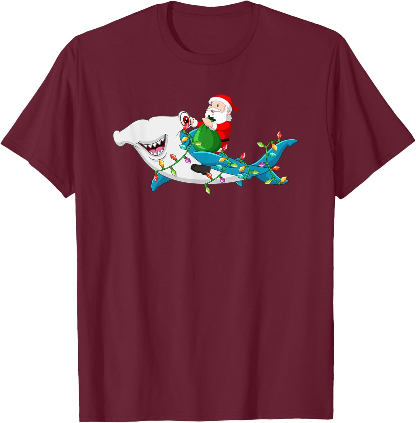 Santa Riding Hammerhead Shark Christmas Light Kids Boys Men T-Shirt - T-Shirt | Maroon