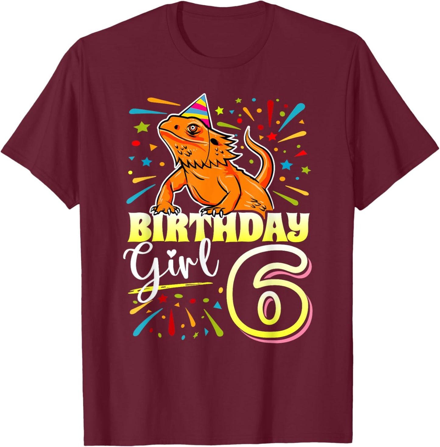 Bearded Dragon Lizard Kids 6th Birthday - 6 Year Old Girl T-Shirt - T-Shirt | Maroon