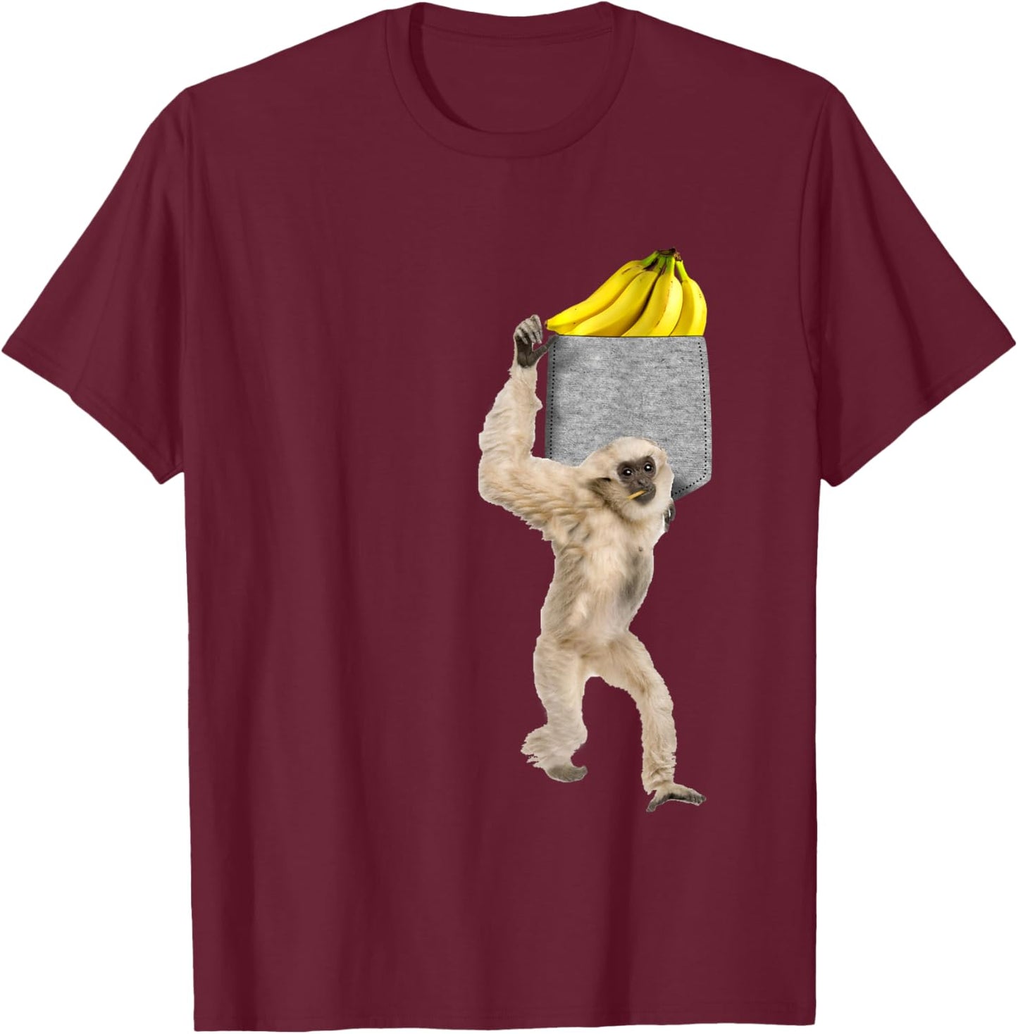 Gibbon Monkey Reaching For Banana In Fake Pocket T-Shirt - T-Shirt | Maroon