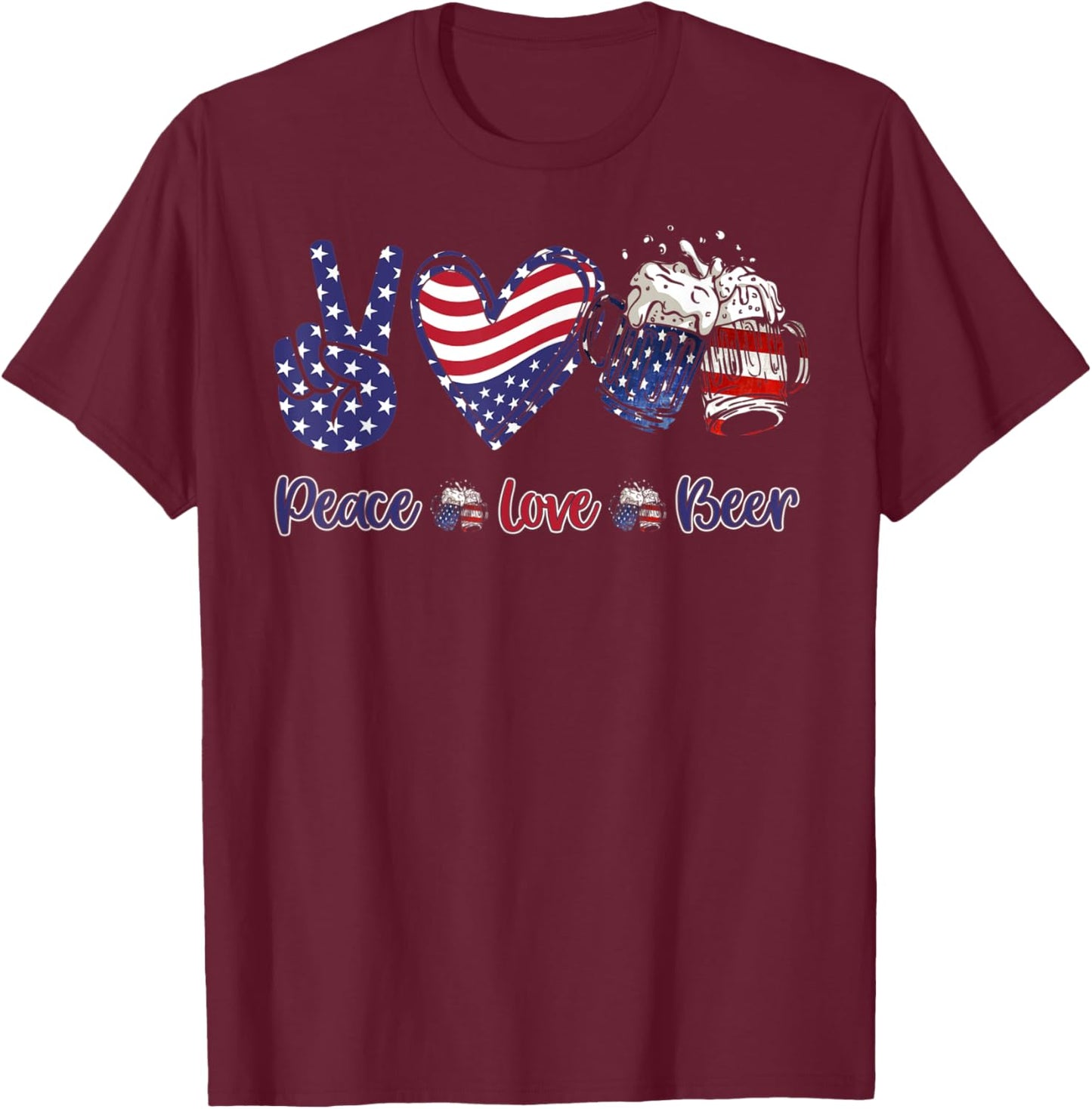mb35 Peace Love Beer Lover American Flag 4th Of July T-Shirt - T-Shirt | Maroon