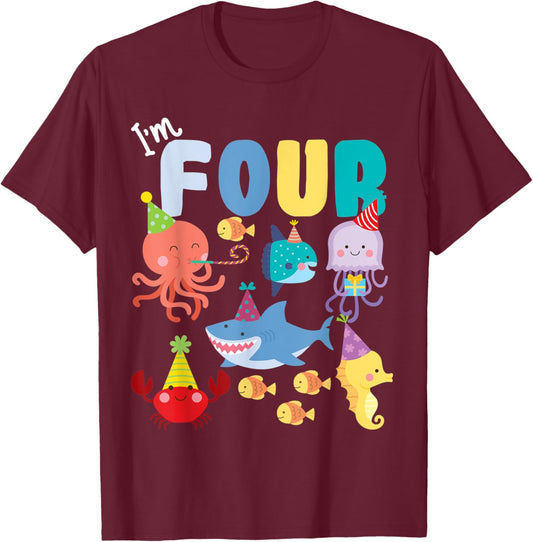 Cute Sea Animals Ocean Creatures Party 4th Birthday I'm Four T-Shirt - T-Shirt | Maroon