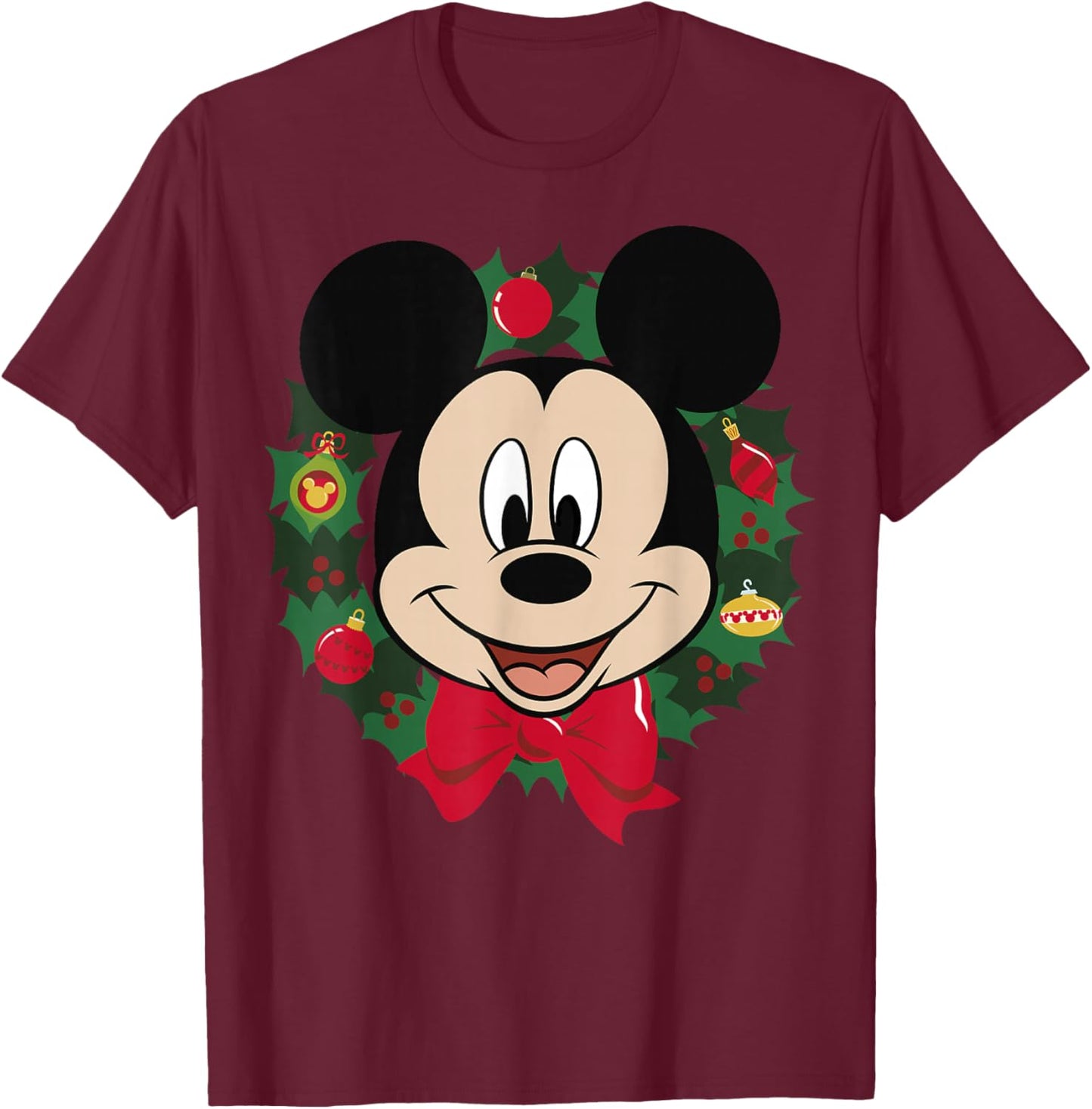 Disney Mickey Mouse Christmas Wreath Portrait T-Shirt - T-Shirt | Maroon