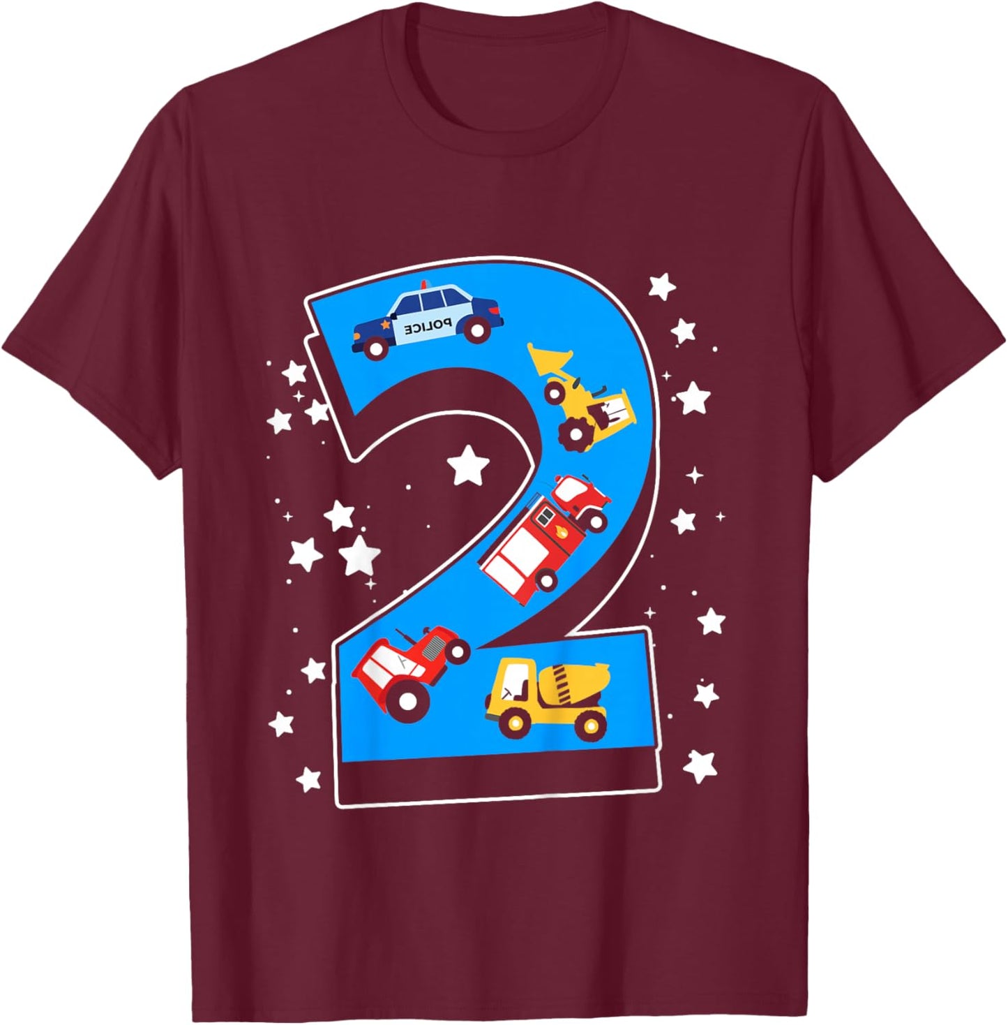 Kids 2nd Birthday 2 Years with firetruck and police car T-Shirt - T-Shirt | Maroon