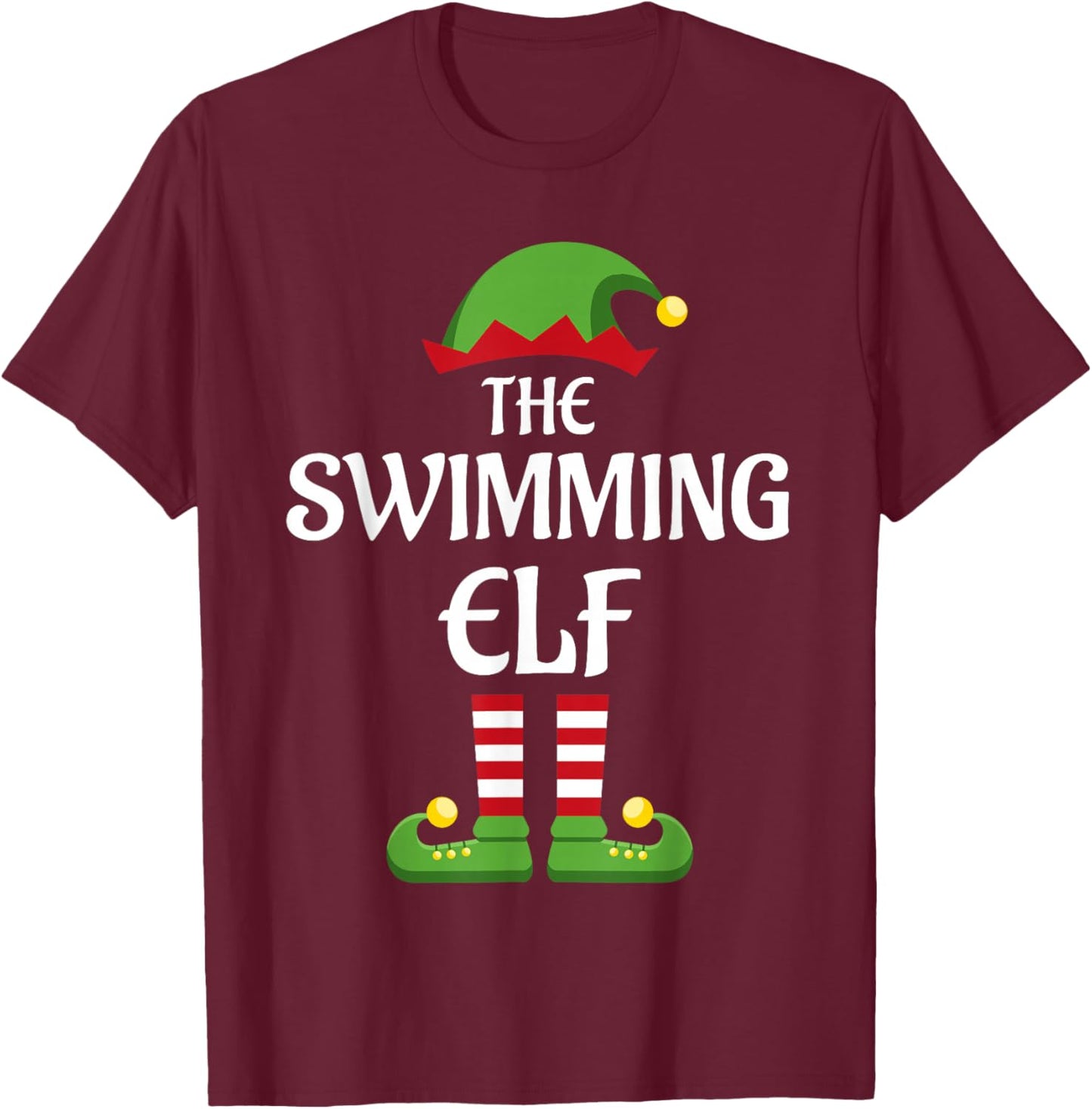 Swimming Elf Family Matching Group Christmas Swimmer T-Shirt - T-Shirt | Maroon