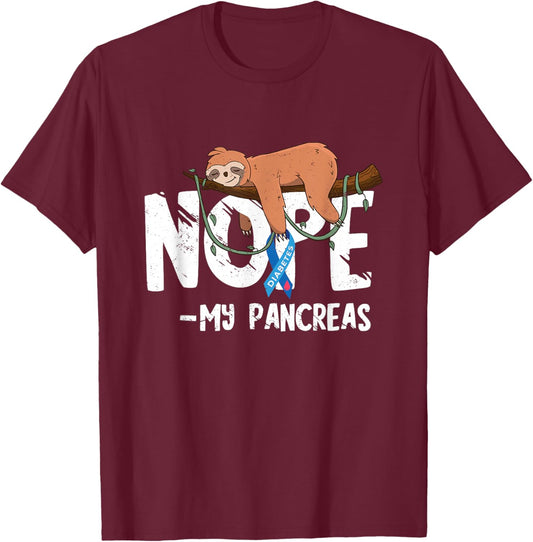 Pancreas Diabetes Awareness Blood Sugar Diabetic Sloth T1D T-Shirt - T-Shirt | Maroon