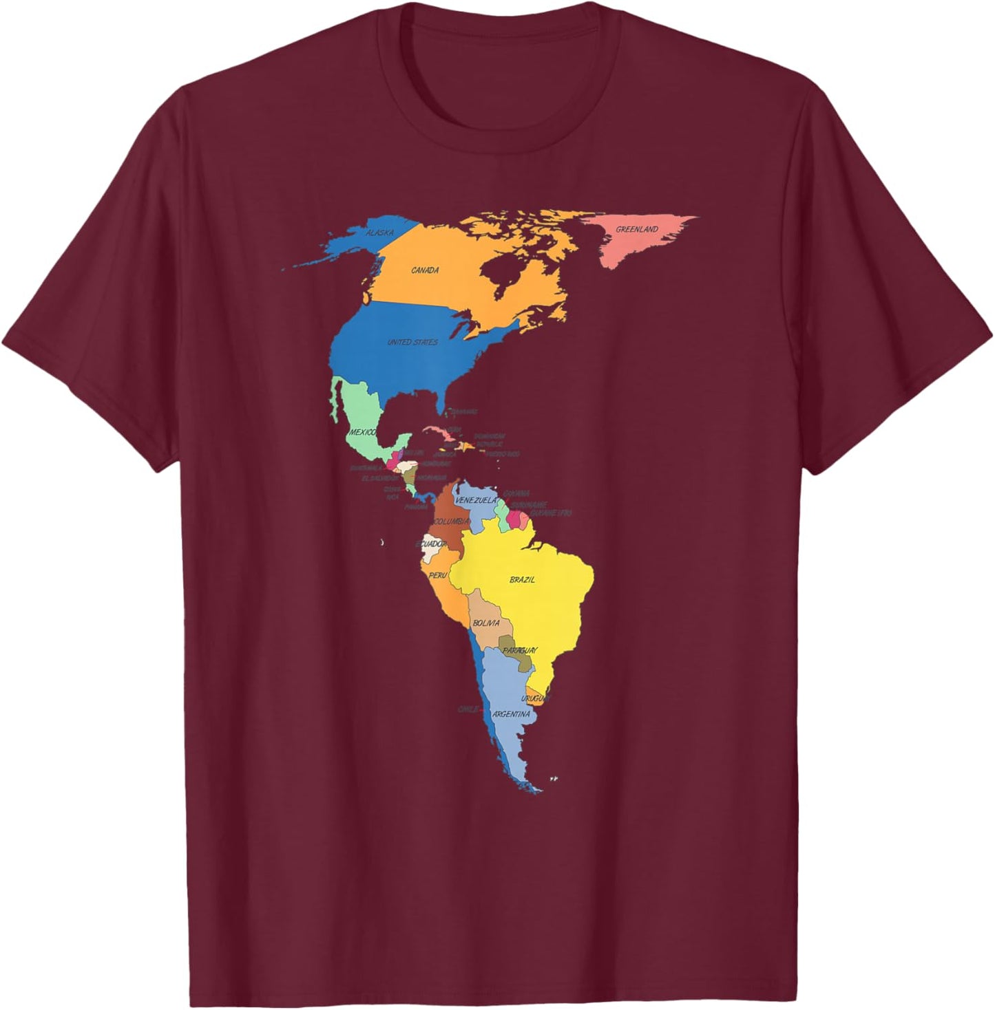 colored Map of North and South America with country names T-Shirt - T-Shirt | Maroon