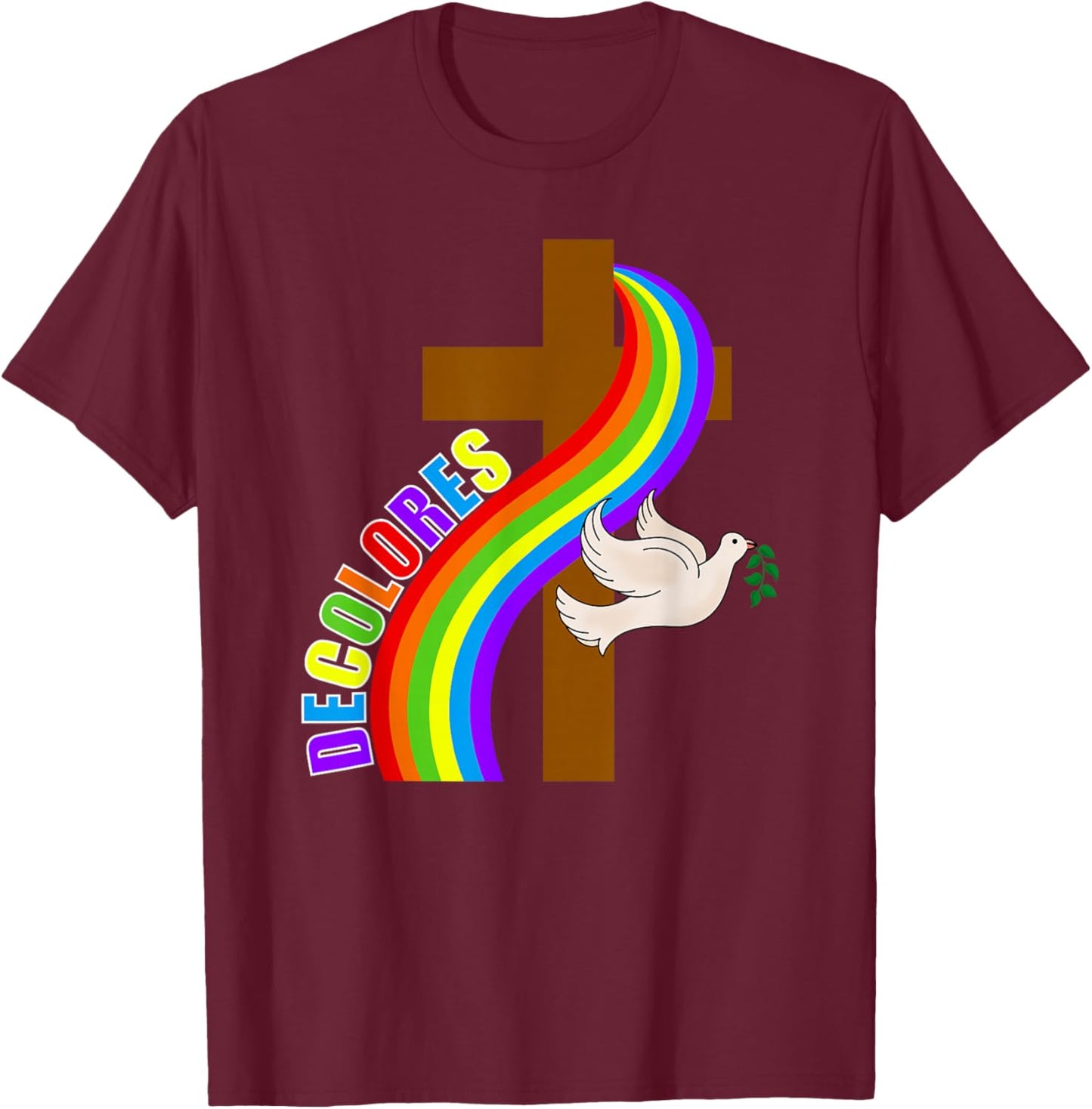 Decolores Cursillo Rainbow Cross with Peace Dove (Dark) T-Shirt - T-Shirt | Maroon