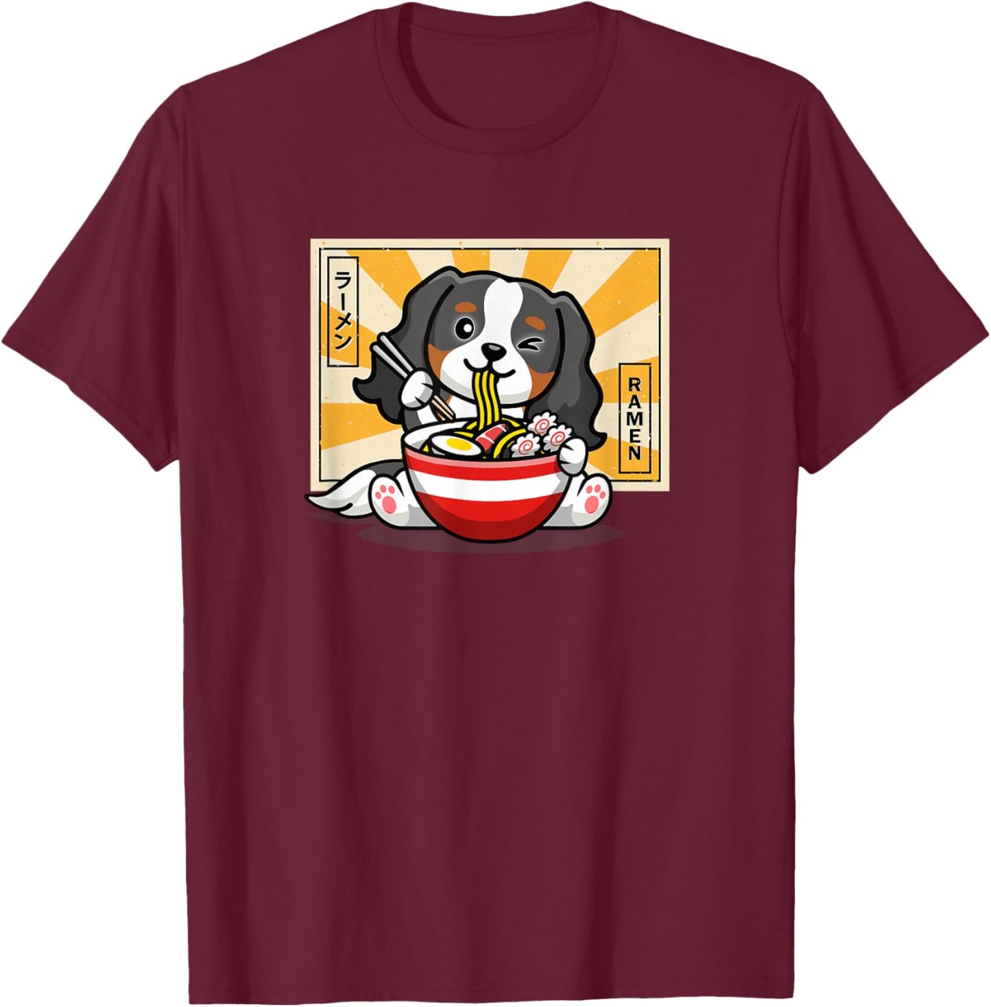 Funny Tri Kawaii Japanese Ramen Tricolor Cavalier Dog Lover T-Shirt - T-Shirt | Maroon