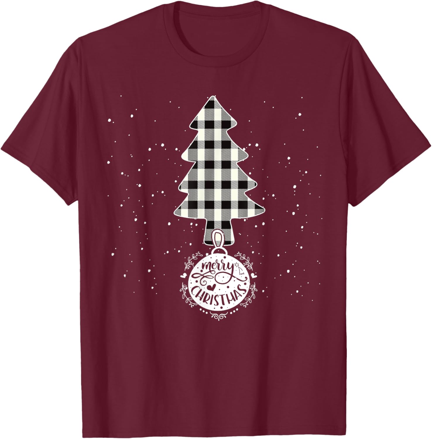 Christmas Tree White Black Buffalo Plaid Tree Merry Xmas T-Shirt - T-Shirt | Maroon