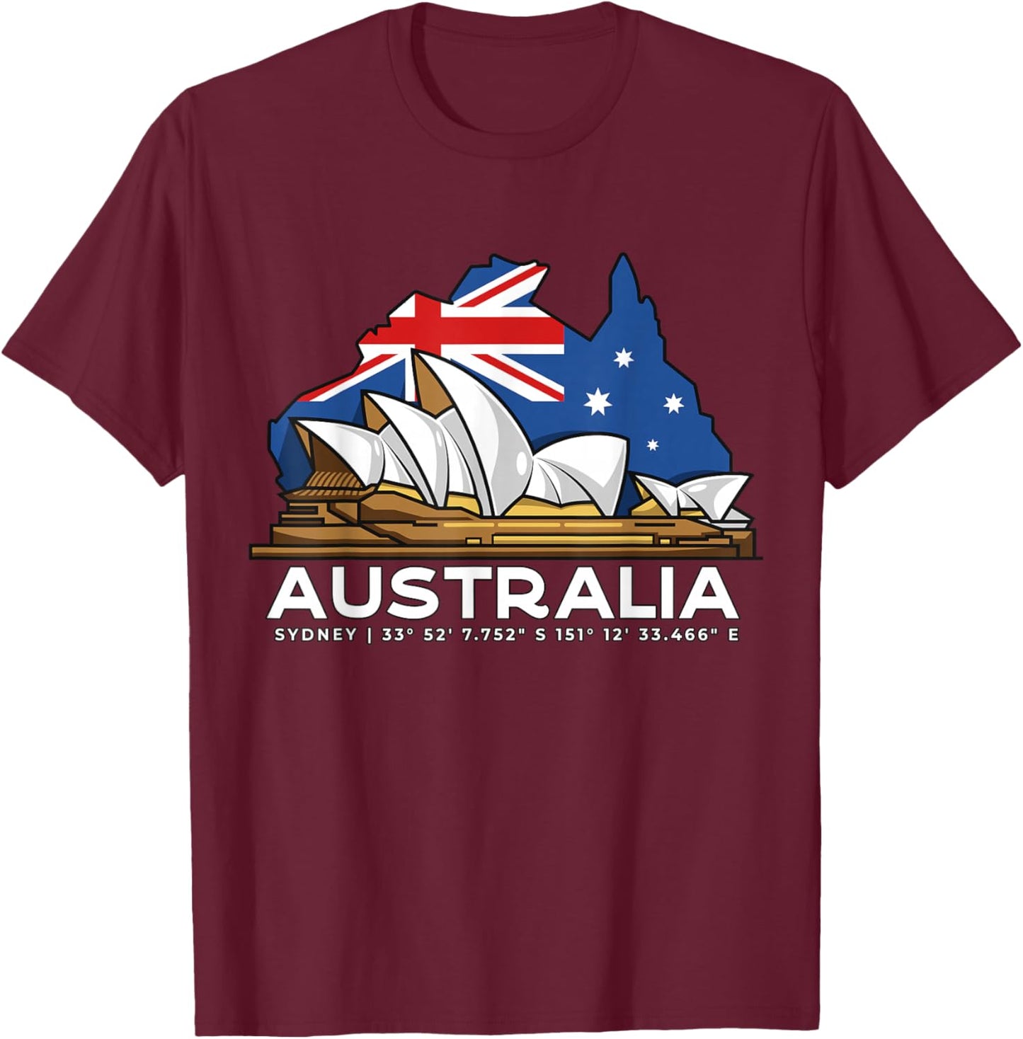 Pride Australian Flag Souvenir Gifts & Clothing Men's Black Small Australia Sydney GPS Coordinates Opera House T-Shirt - T-Shirt | Maroon