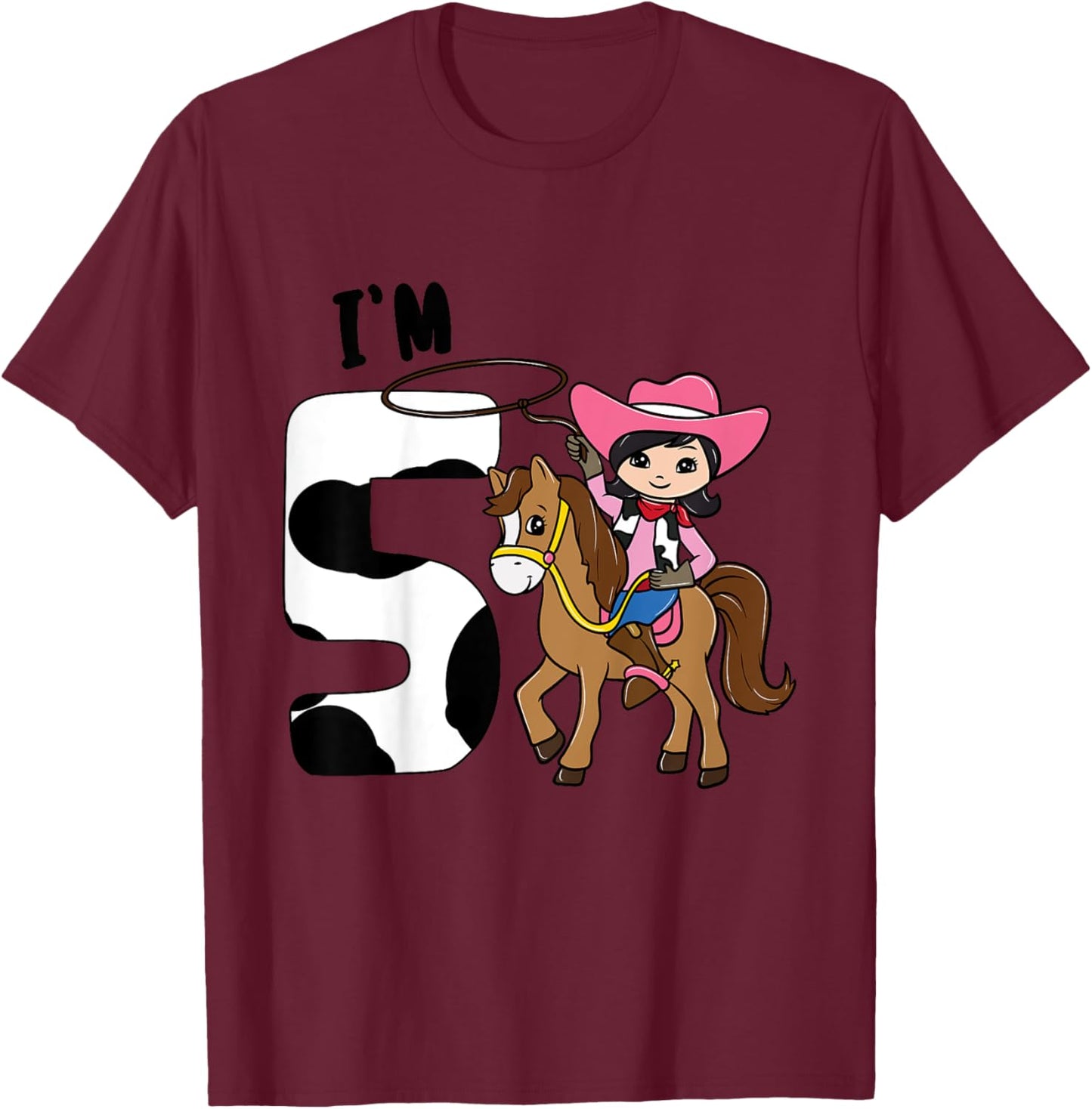 I'm 5 - Cute Horse Riding Cowgirl 5th Birthday Girls T-Shirt - T-Shirt | Maroon