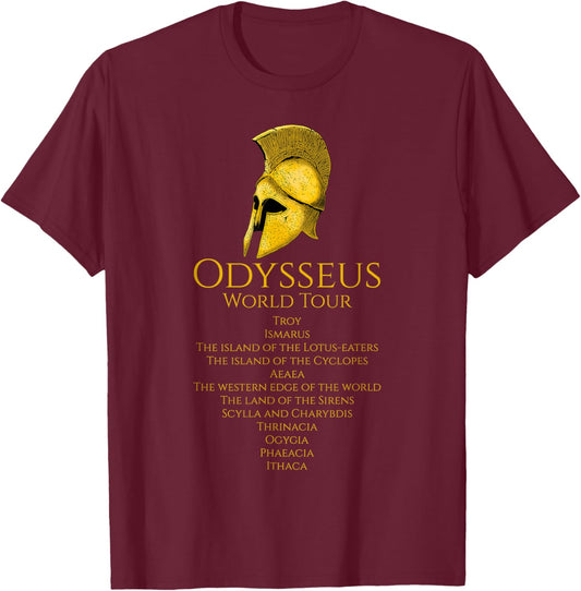 Ancient Greek Mythology & Classical History Gifts - -Adults Black Small Classic Fit Short Sleeve - Greek Mythology - Odysseus World Tour - Ancient Greece - Epic Greek Mythology T-Shirt - T-Shirt | Maroon