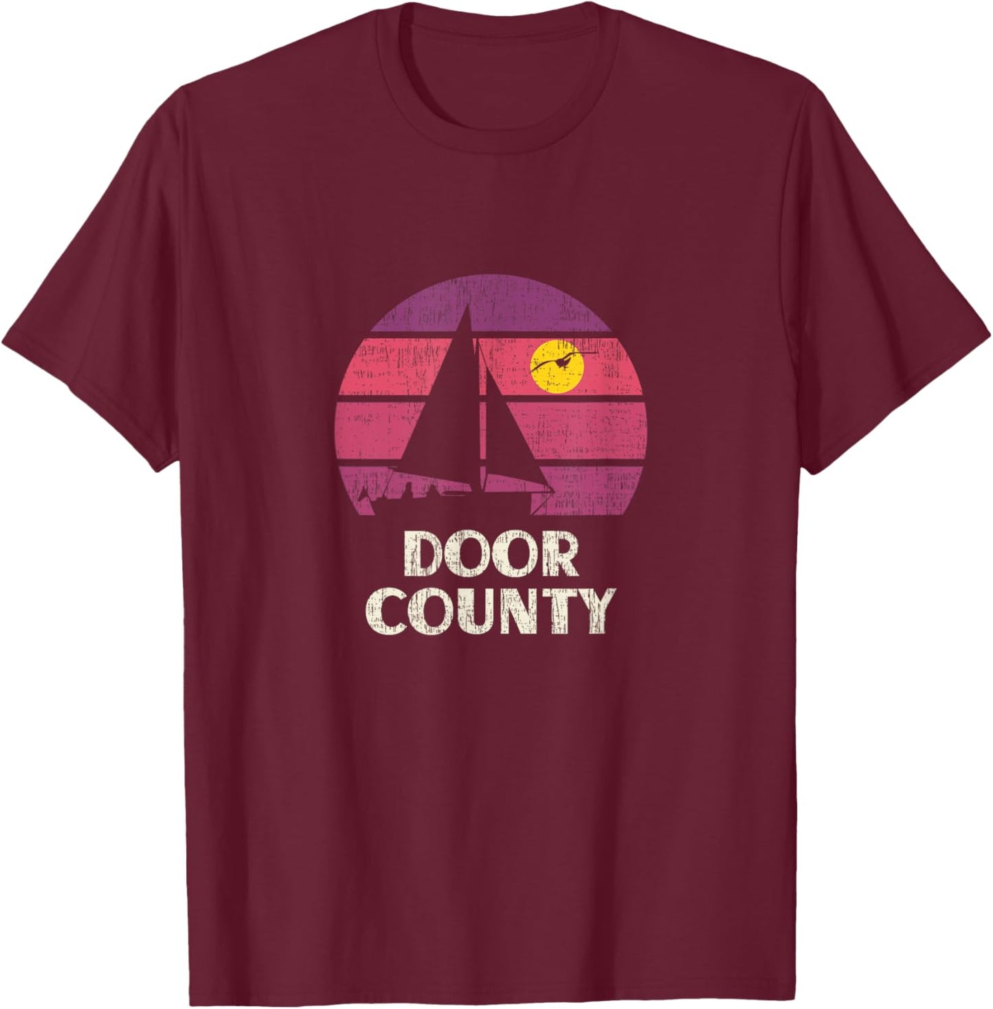 Door County WI Sailing Retro 70s Vintage Sunset Sailboat T-Shirt - T-Shirt | Maroon