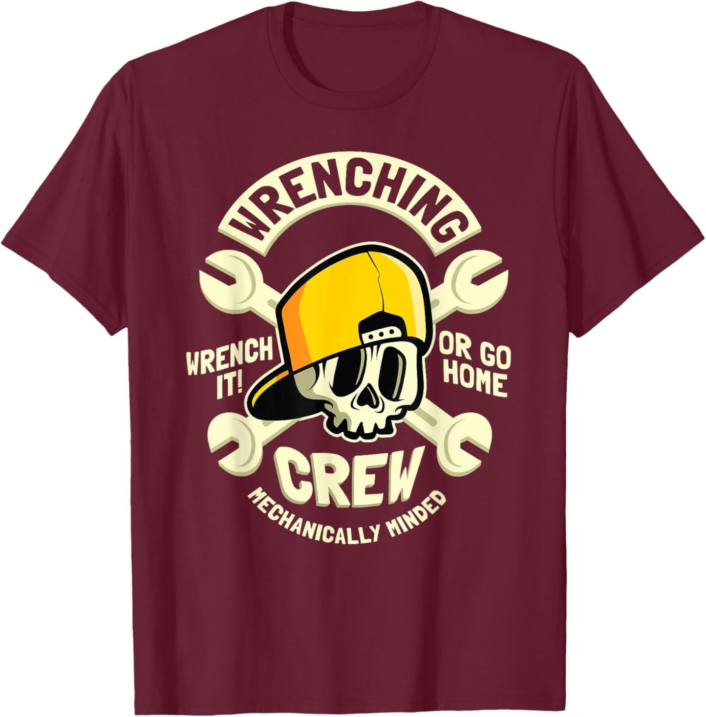 Fun Mechanic - Wrenching Crew with Skull & Cross-Wrenches T-Shirt - T-Shirt | Maroon