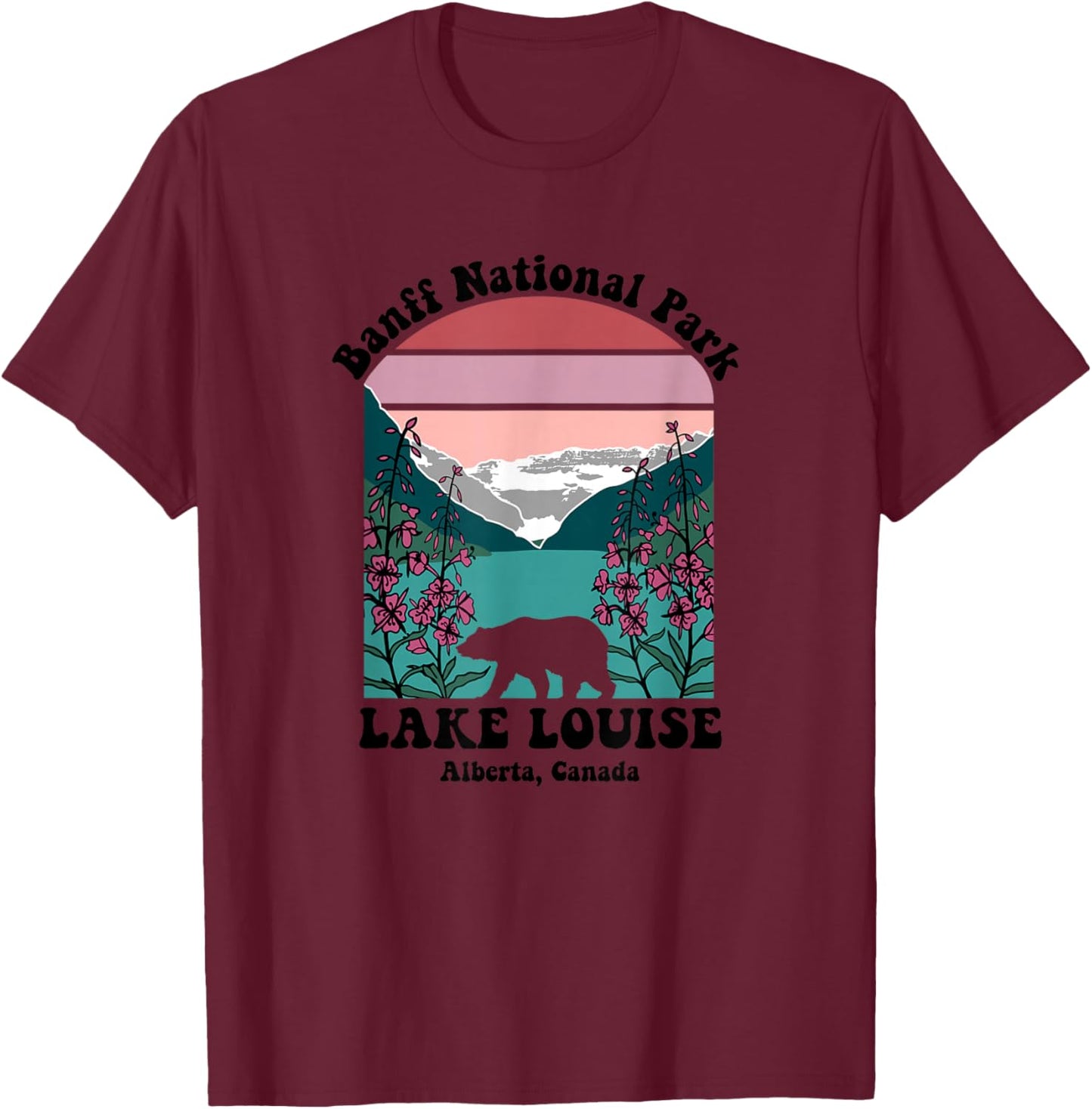 Banff National Park Lake Louise Retro Floral Mountain T-Shirt - T-Shirt | Maroon