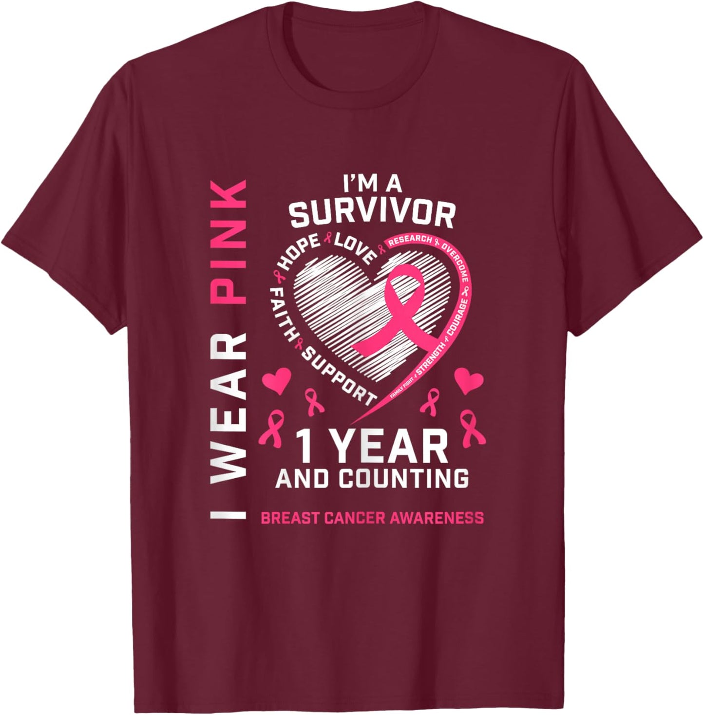 1 Year Cancer Free Mom Pink Awareness Breast Cancer Survivor T-Shirt - T-Shirt | Maroon