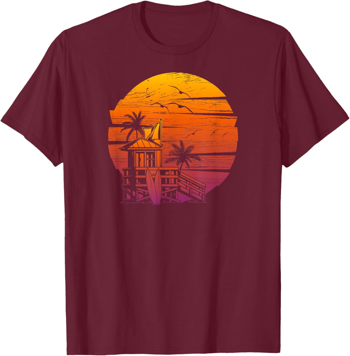 Vintage Beach Lifeguard Tower Distressed Sunset T-Shirt - T-Shirt | Maroon