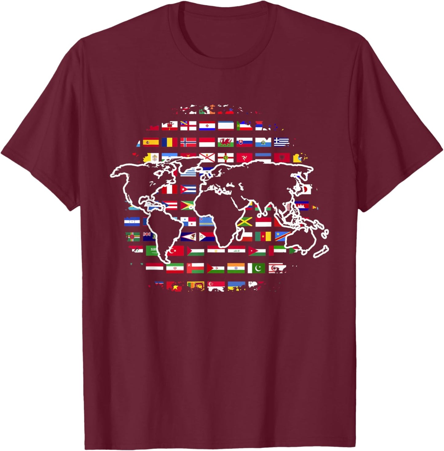 World Travel Map World Map International Flags T-Shirt - T-Shirt | Maroon