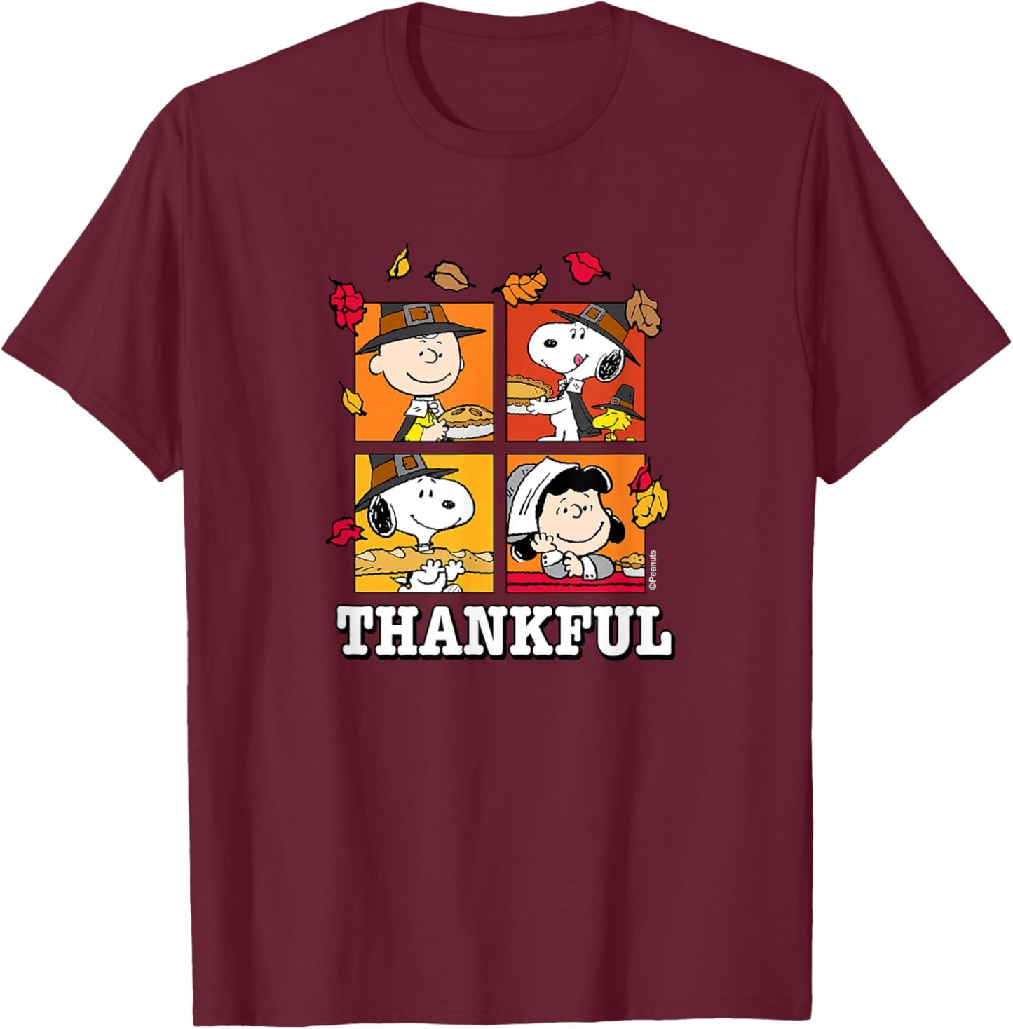 Peanuts - Snoopy Charlie Brown Lucy Thankful T-Shirt - T-Shirt | Maroon