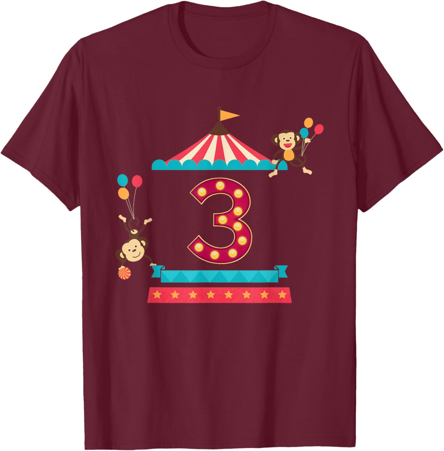 3rd Birthday Circus Top Monkeys 3 Year Old Toddler Carnival T-Shirt - T-Shirt | Maroon